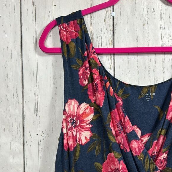 Garnet Hill Navy Pink Floral Sleeveless Dress XL Cottagecore Romantic Pockets - Picture 3 of 12